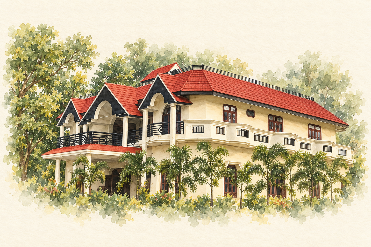 Watercolour illustration of the family residence, with its red tiled roofs, cream facade, arched gables and palms
